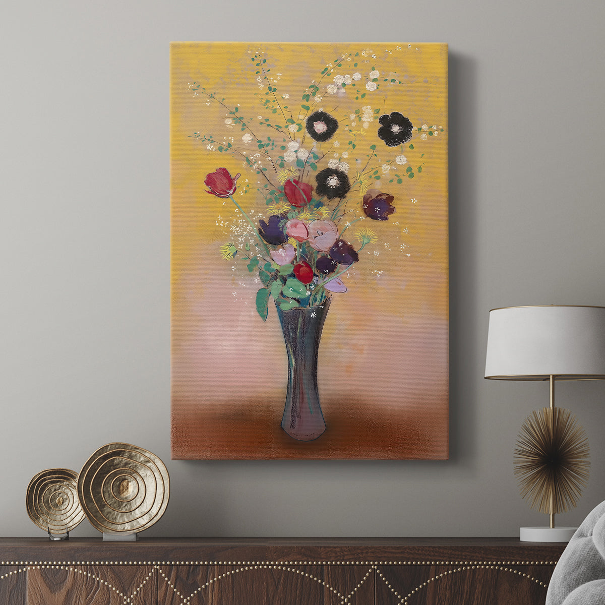 Canvas art print featuring a stylized composition with blooms and subtle contrast displayed in a modern interior space.