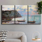Three-panel canvas wall art featuring golden coastal sunset with cliffs, displayed in a modern living room above a sofa.