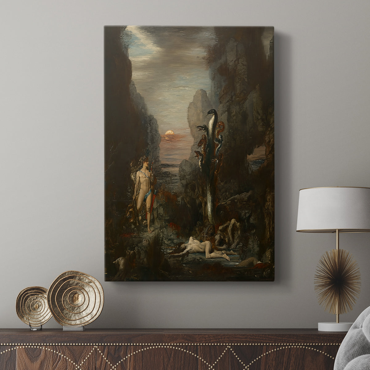 Canvas art print featuring a dramatic composition with a figure and beast in motion displayed in a modern interior space.