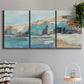 Three-panel canvas wall art featuring coastal shoreline with soft waves, displayed in a modern living room above a sofa.
