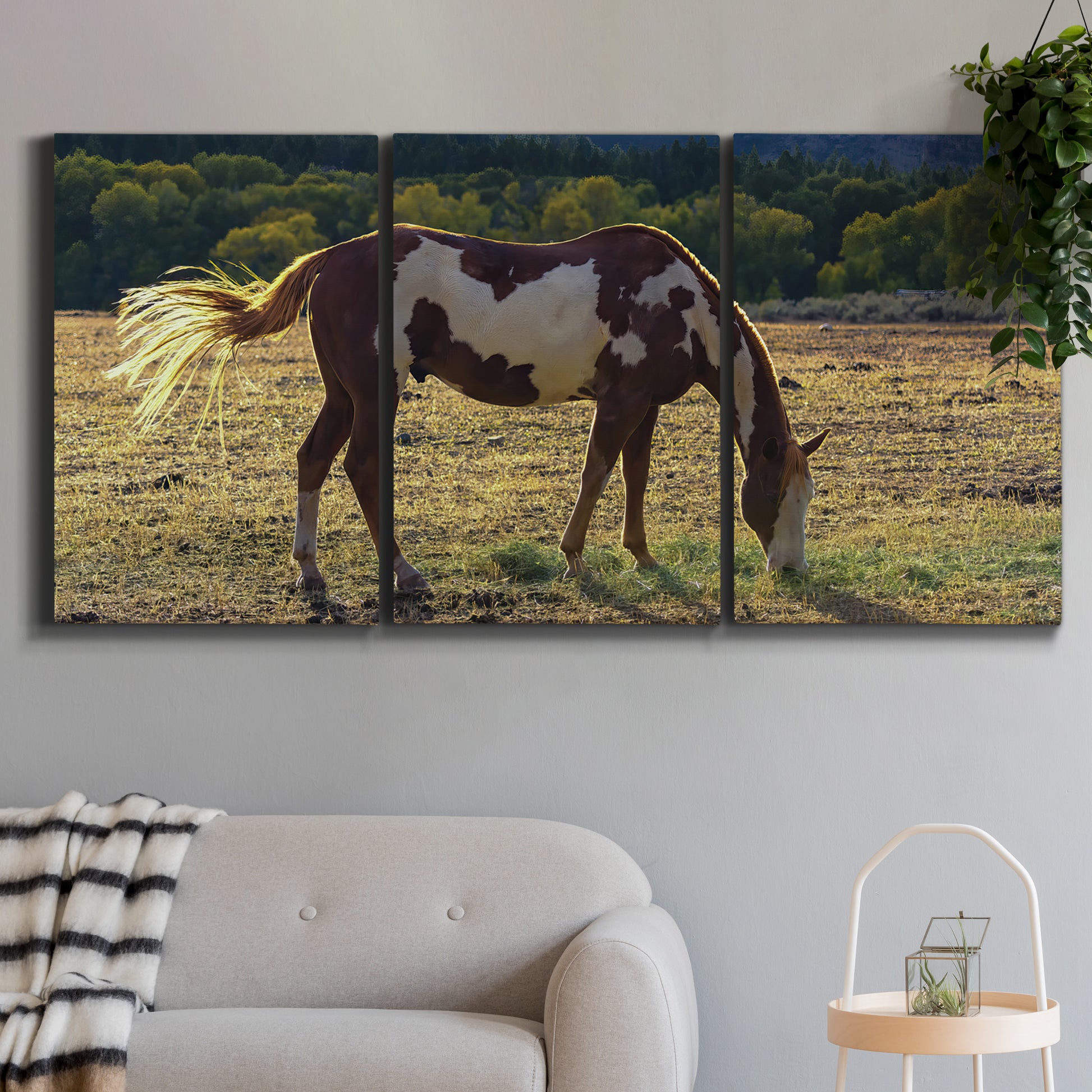 Three-panel canvas wall art featuring horses standing near farmhouse, displayed in a modern living room above a sofa.