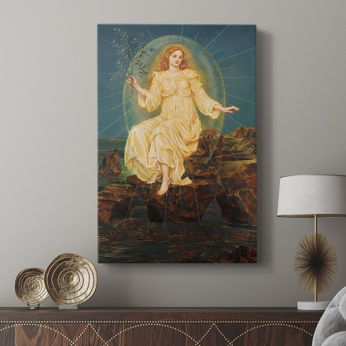 Canvas art print featuring a dramatic composition with light contrasting deep darkness displayed in a modern interior space.