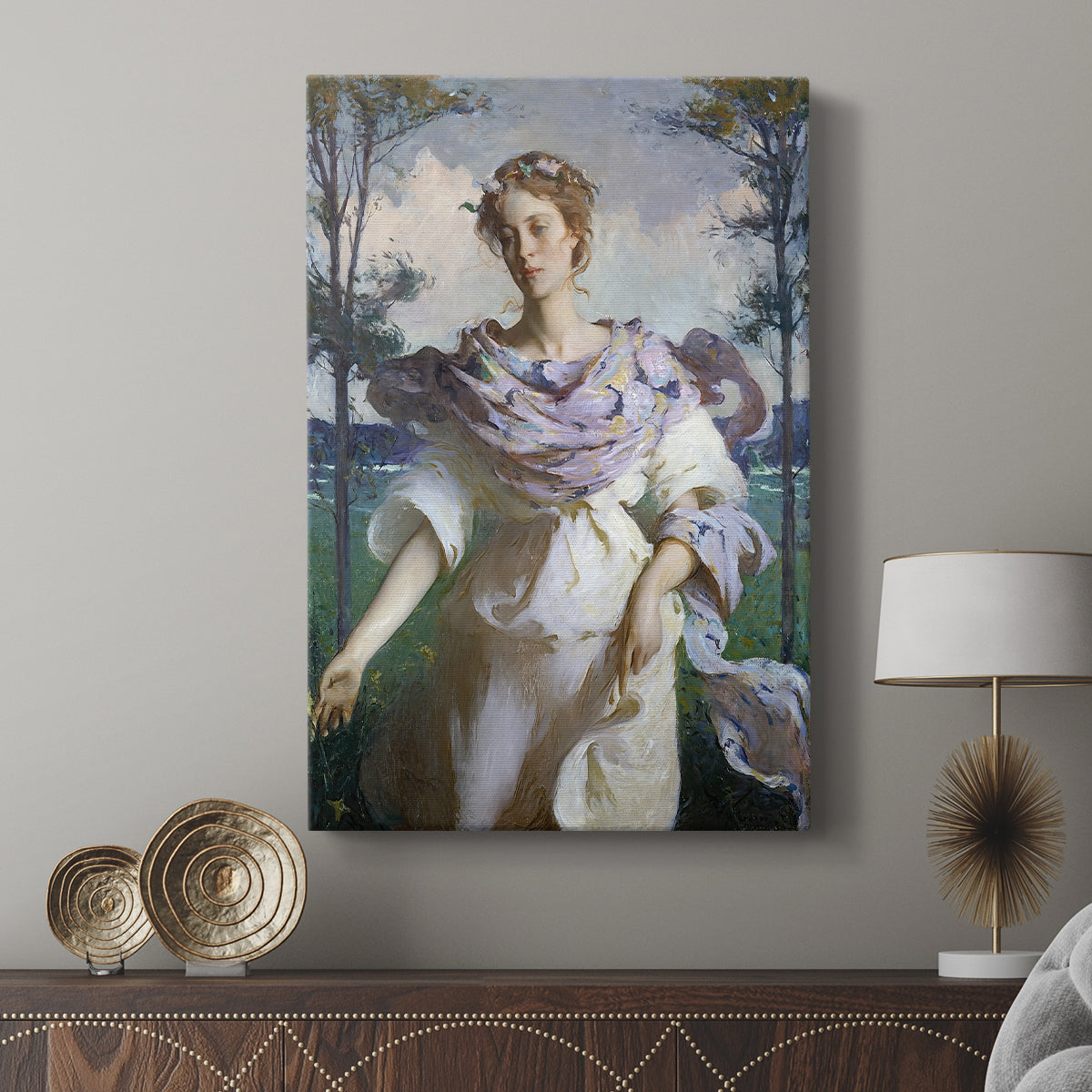 Canvas art print featuring a soft outdoor scene with gentle tones and airy texture displayed in a modern interior space.