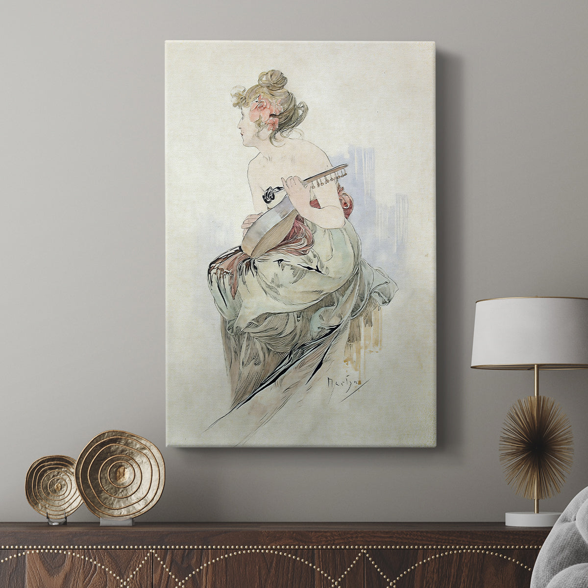 Canvas art print featuring a stylized figure surrounded by detailed ornamental patterns displayed in a modern interior space.