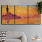 Three-panel canvas wall art featuring venetian church at twilight, displayed in a modern living room above a sofa.