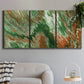 Three-panel canvas wall art featuring modern abstract layered pattern, displayed in a modern living room above a sofa.