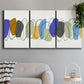 Three-panel canvas wall art featuring minimalist geometric abstract spacing, displayed in a modern living room above a sofa.