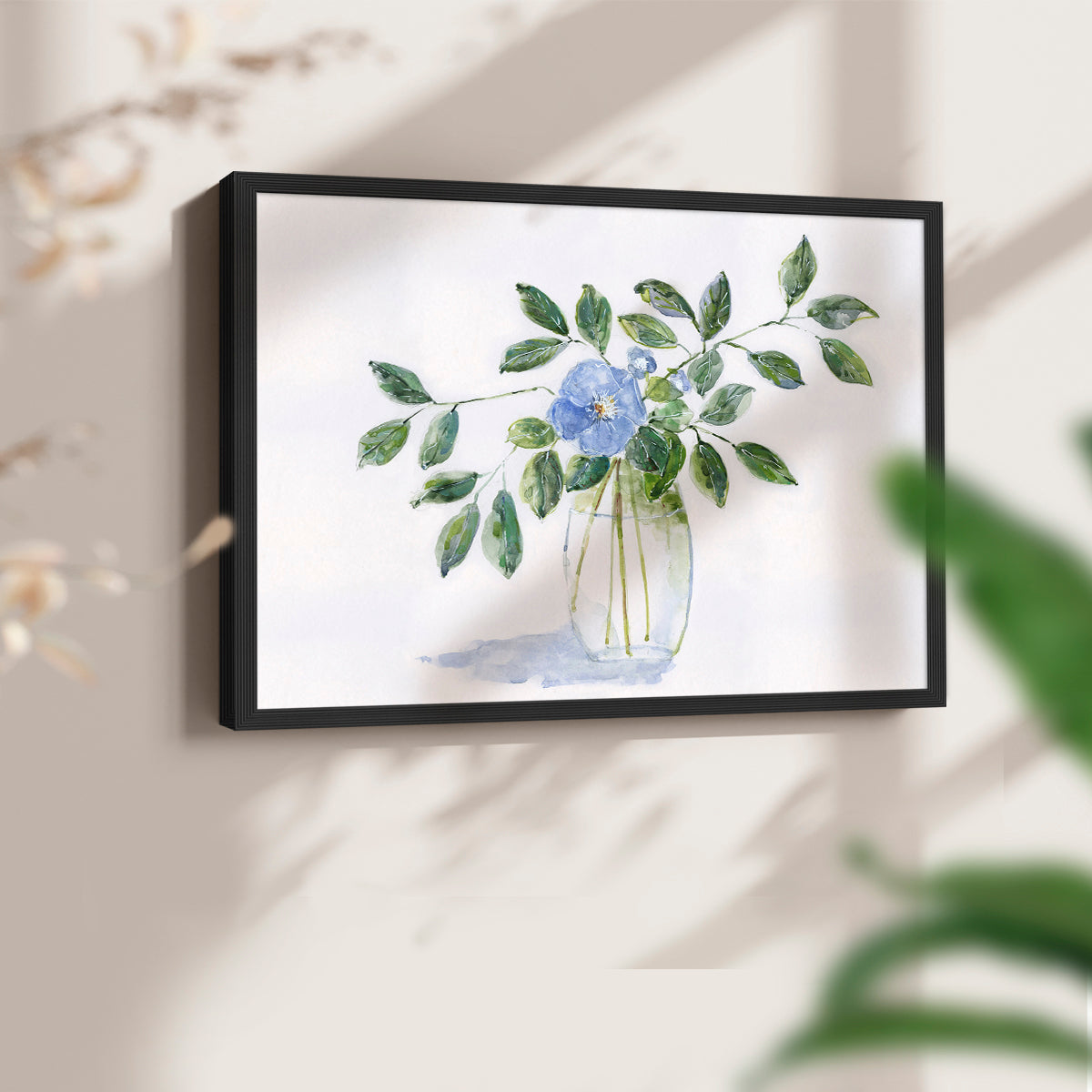 45308,watercolor,painting,flower,blue flower,green leaves,glass vase,nature art,interior decor,botanical art,floral,contemporary art,still life,home decor,tranquil,wall art,visual art,creative,handmade,craft,aesthetic,design,artist,beauty,calming,elegant,traditional,exhibition,soft colors,natural elements,craftsmanship,decor,floral arrangement,artwork,leaf,simplicity,Re-stickable,Plants & Flowers