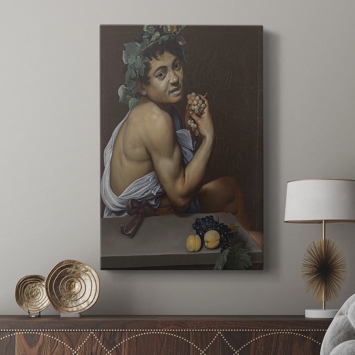 Canvas art print featuring a classical portrait with rich tones and realistic detail displayed in a modern interior space.