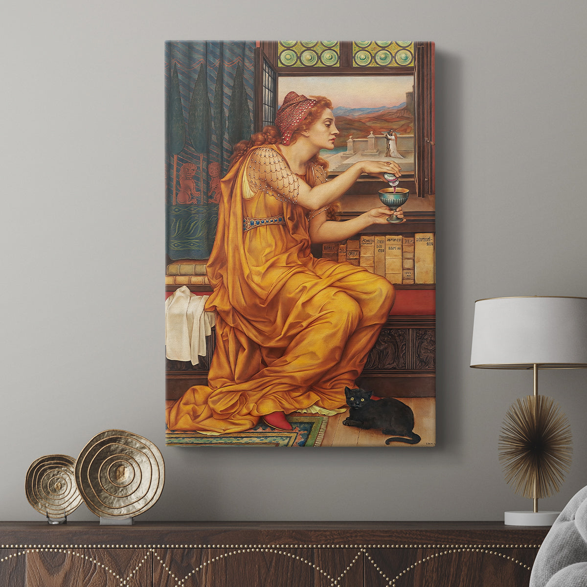 Canvas art print featuring a mystical composition with objects and focused light displayed in a modern interior space.
