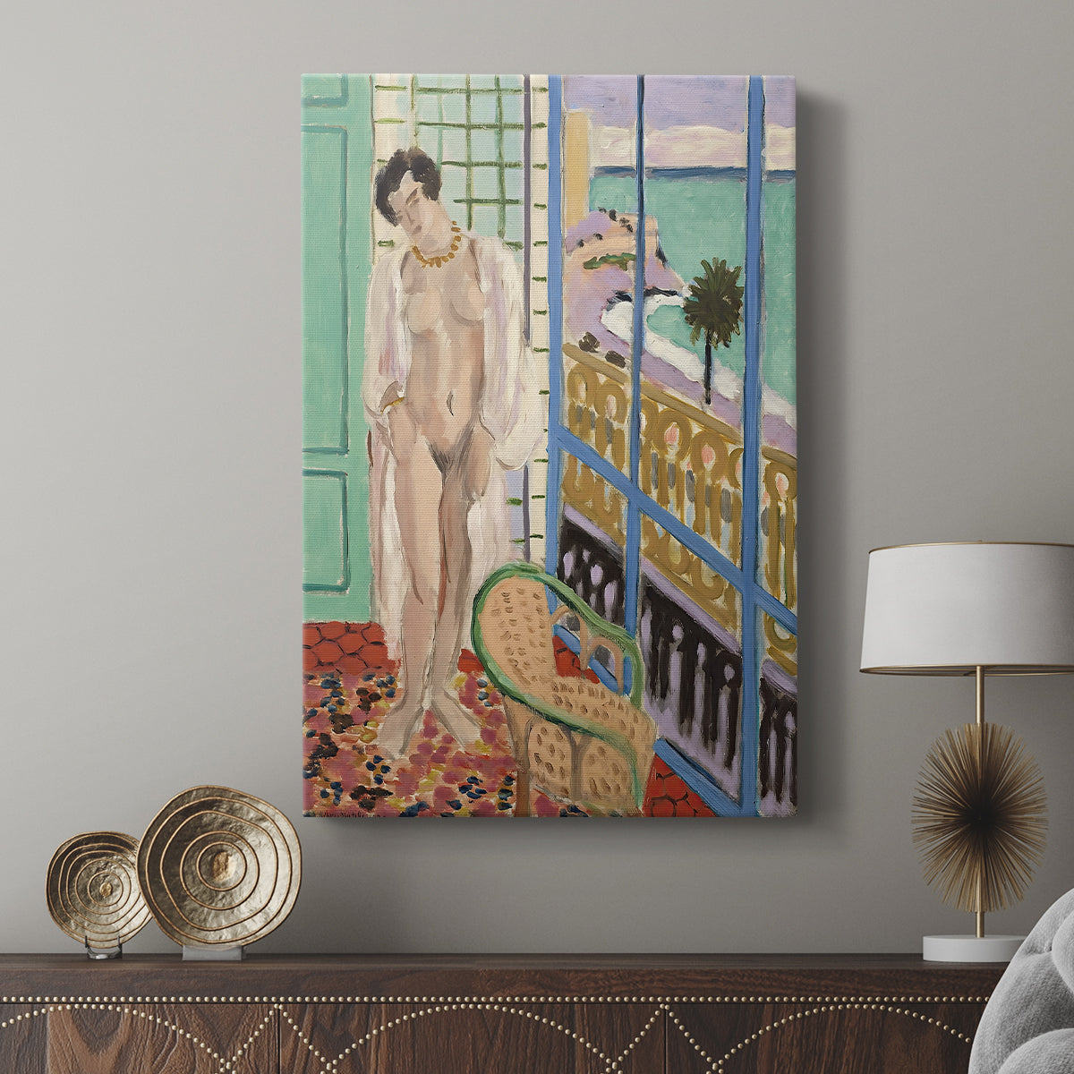 Canvas art print featuring a modern composition with simple forms and window view displayed in a modern interior space.