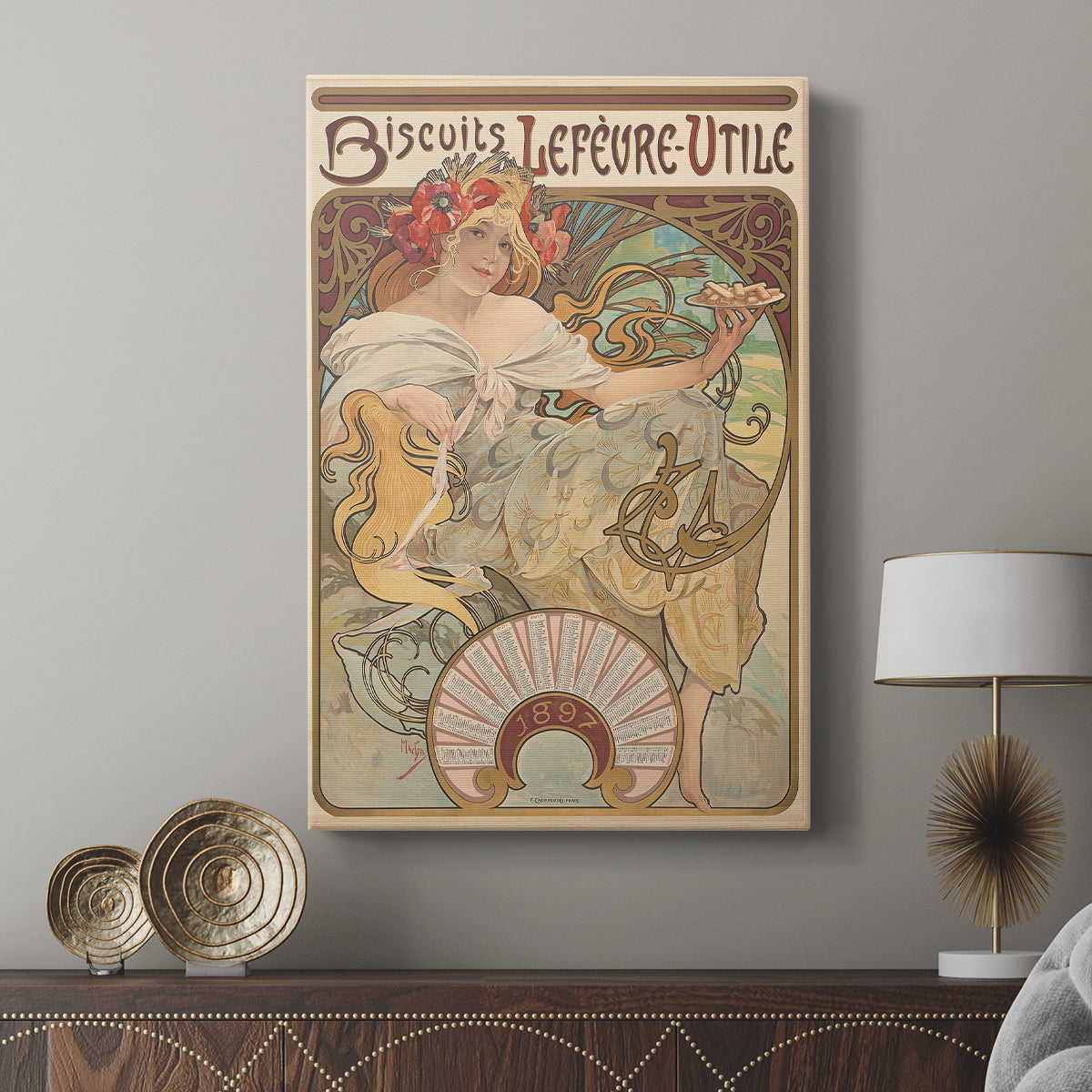 Canvas art print featuring a decorative poster with elegant lines and soft tones displayed in a modern interior space.