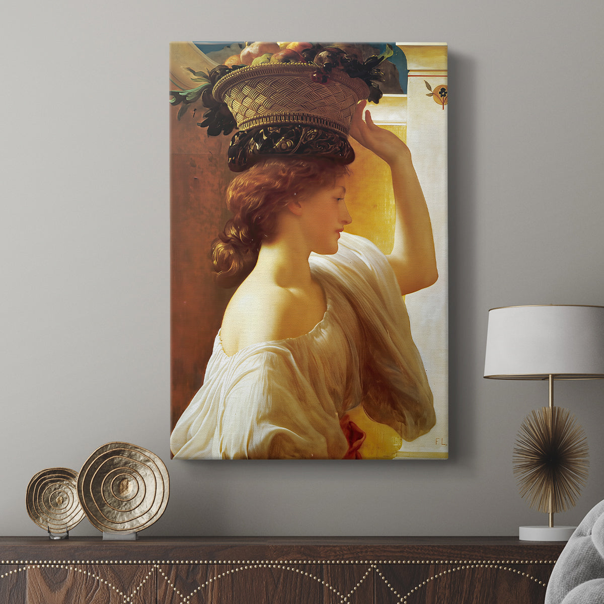 Canvas art print featuring a gentle portrait with warm tones and delicate detail displayed in a modern interior space.