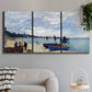 Three-panel canvas wall art featuring busy beach scene with shoreline, displayed in a modern living room above a sofa.