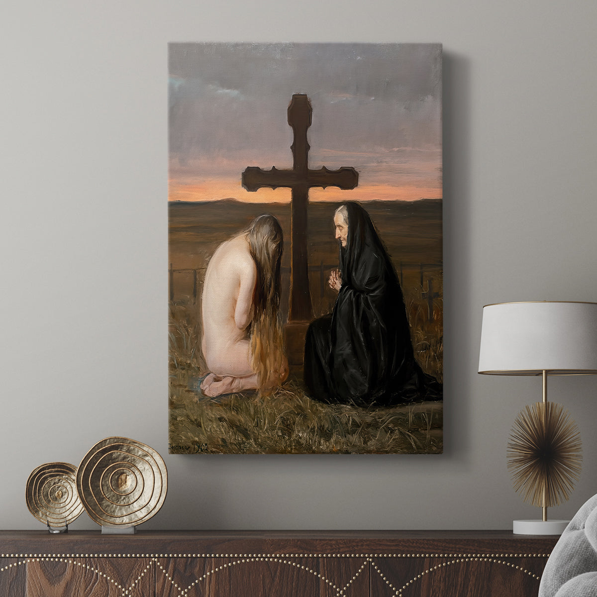 Canvas art print featuring a reflective interior scene with a woman expressing quiet sorrow displayed in a modern interior space.