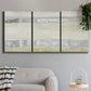 Three-panel canvas wall art featuring minimal abstract storm movement, displayed in a modern living room above a sofa.