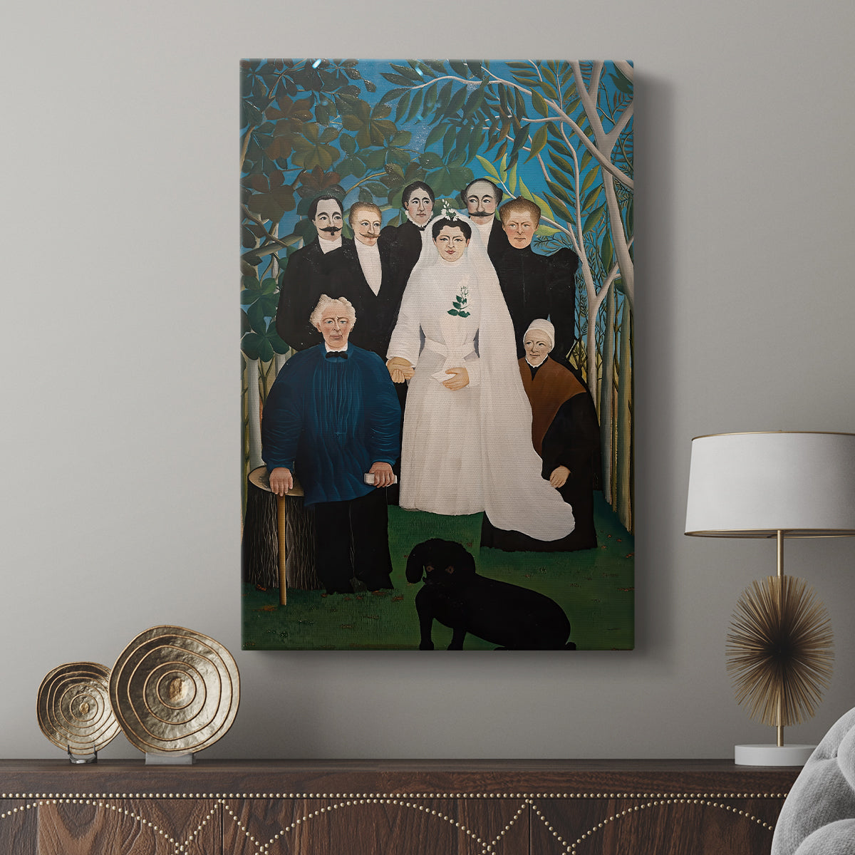 Canvas art print featuring a stylized group portrait with decorative greenery displayed in a modern interior space.