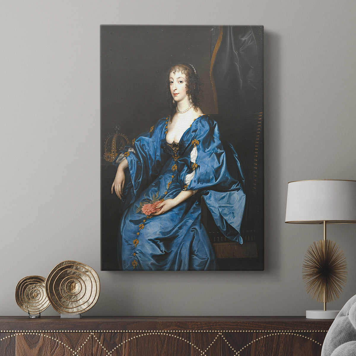 Canvas art print featuring a classic aristocratic figure with delicate features and rich tones displayed in a modern interior space.