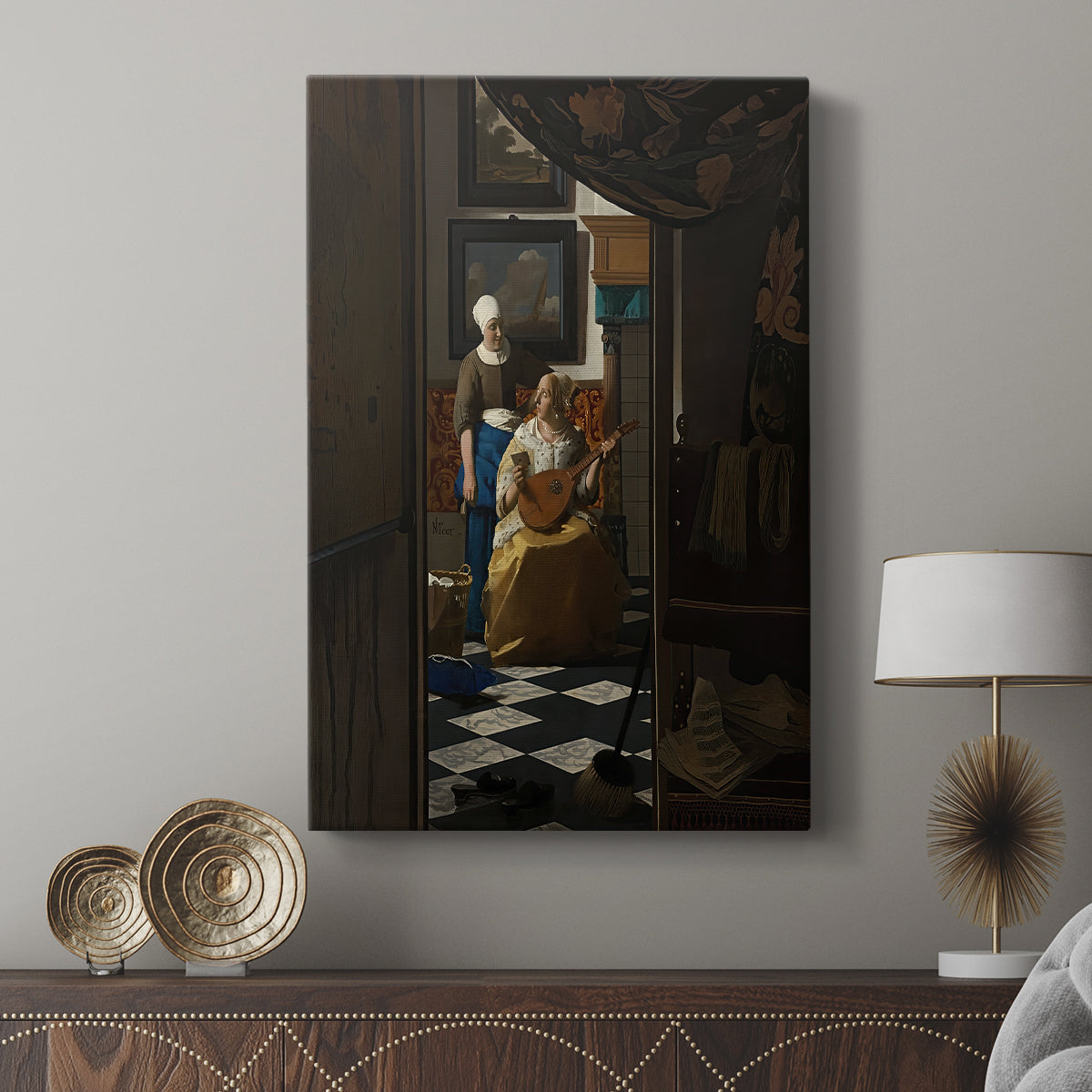 Canvas art print featuring a composed room with subtle detail and interaction displayed in a modern interior space.