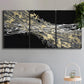 Three-panel canvas wall art featuring dark modern abstract wind patterns, displayed in a modern living room above a sofa.