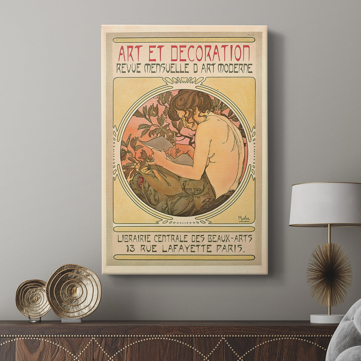 Canvas art print featuring a decorative poster with flowing lines and elegant composition displayed in a modern interior space.