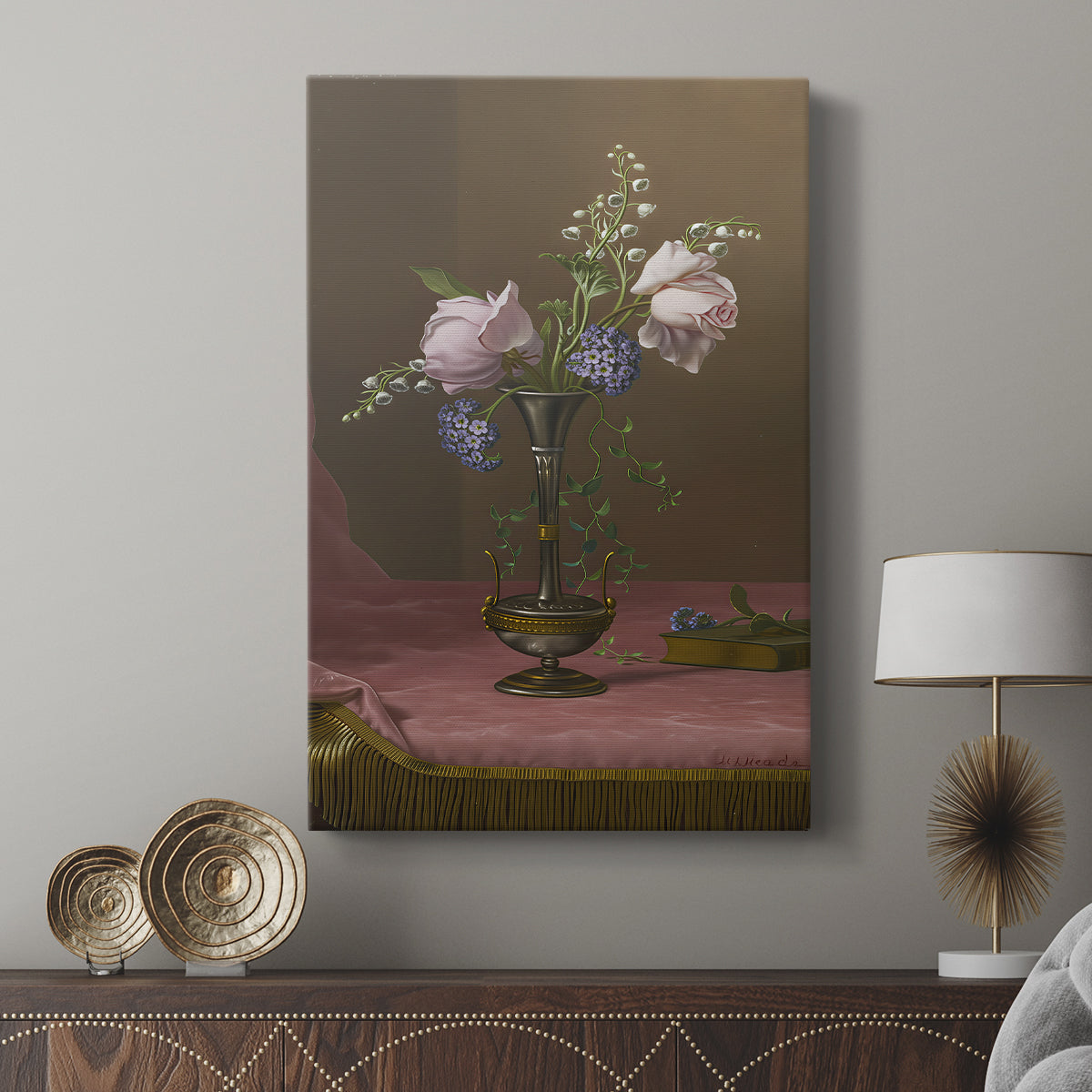 Canvas art print featuring a refined arrangement with delicate detail and smooth tones displayed in a modern interior space.