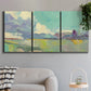 Three-panel canvas wall art featuring road stretching through open countryside, displayed in a modern living room above a sofa.