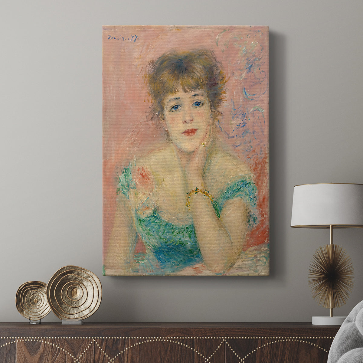 Canvas art print featuring a figure with warm tones and animated presence displayed in a modern interior space.