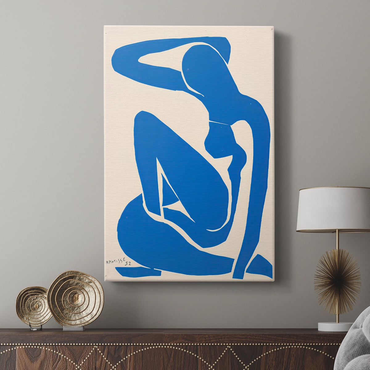 Canvas art print featuring a modern composition with deep blue silhouette and minimal detail displayed in a modern interior space.
