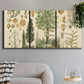 Three-panel canvas wall art featuring vintage floral botanical collage, displayed in a modern living room above a sofa.