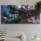 Three-panel canvas wall art featuring water lilies with willow reflections, displayed in a modern living room above a sofa.