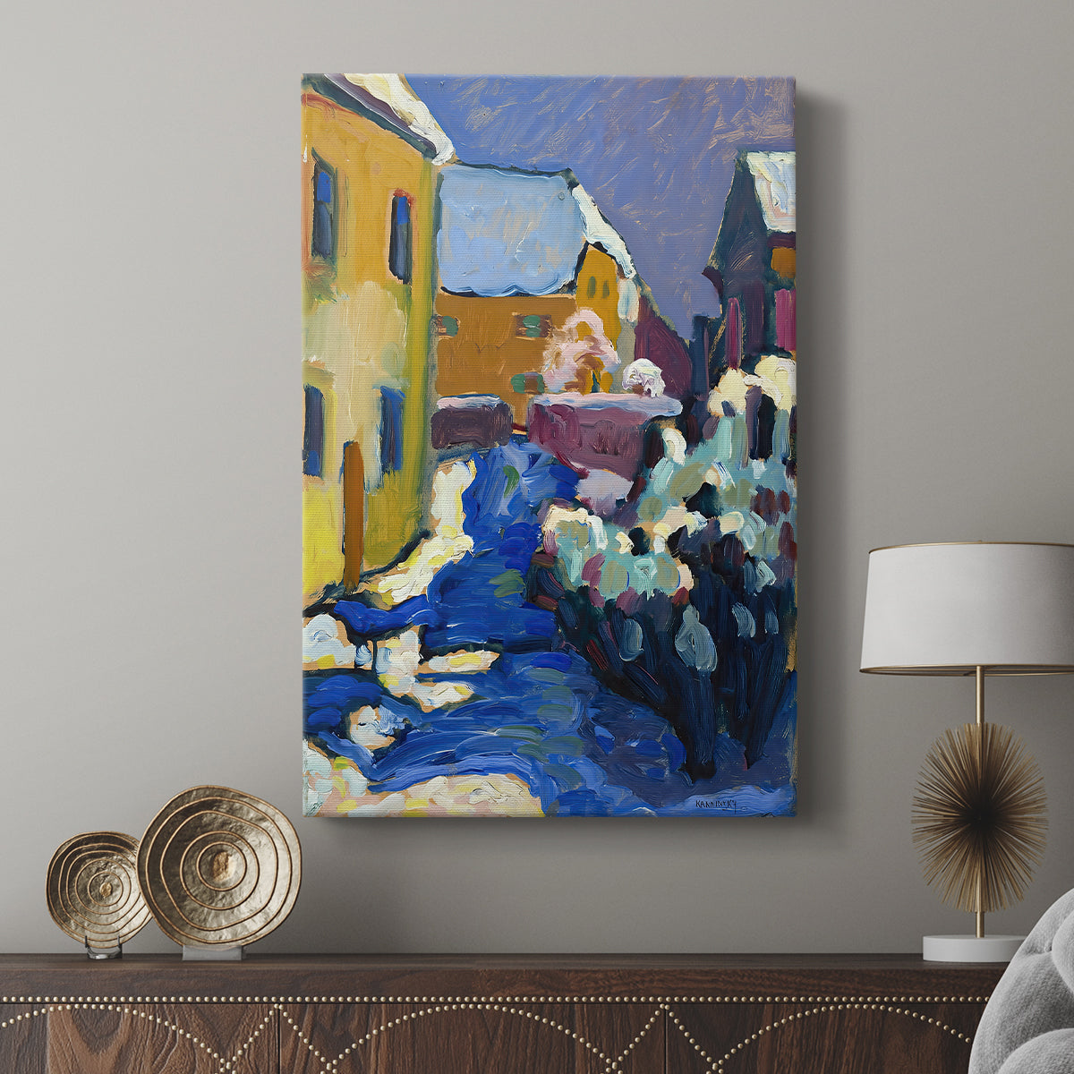 Canvas art print featuring a dynamic composition with architecture and expressive color displayed in a modern interior space.