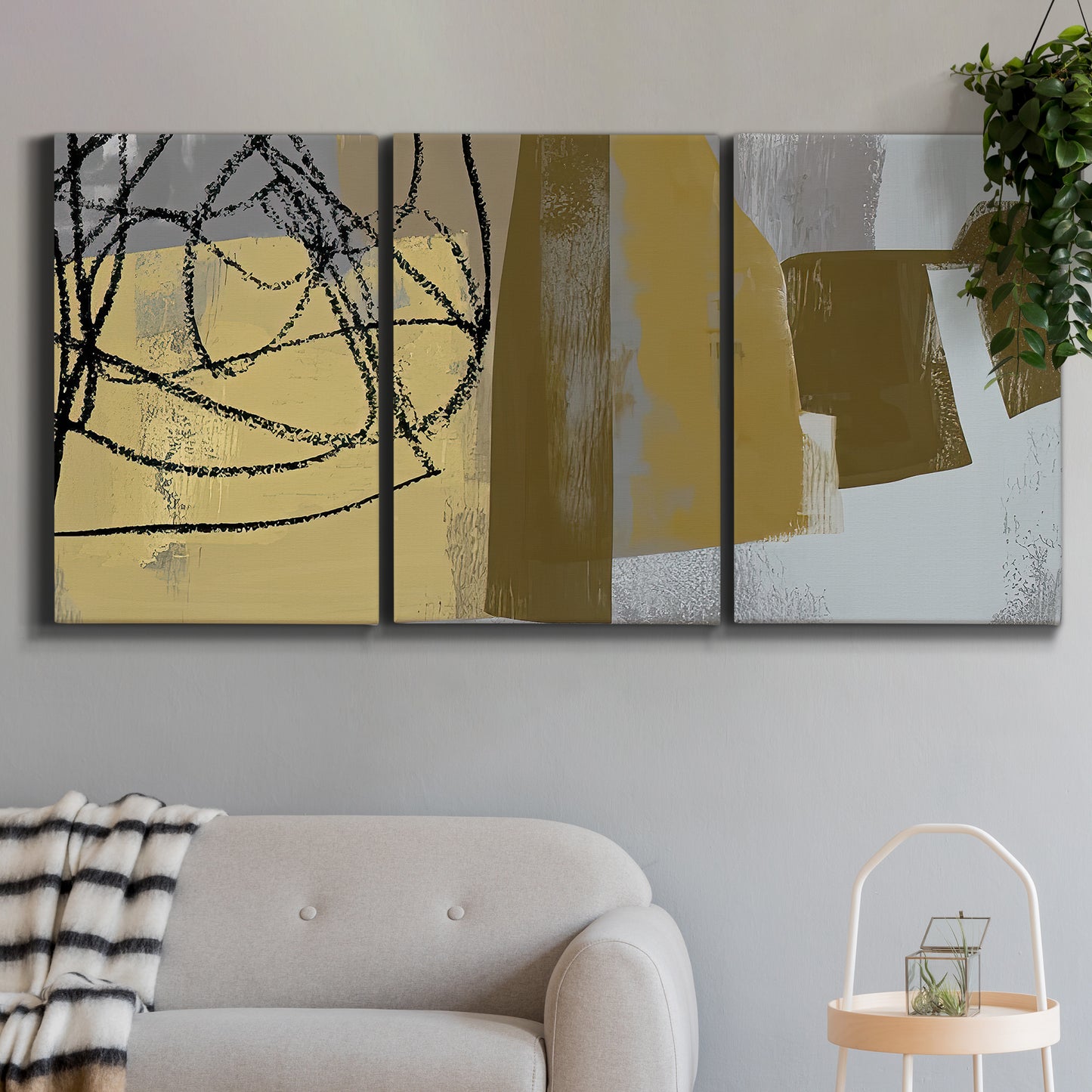 Three-panel canvas wall art featuring industrial abstract digital glitch pattern, displayed in a modern living room above a sofa.