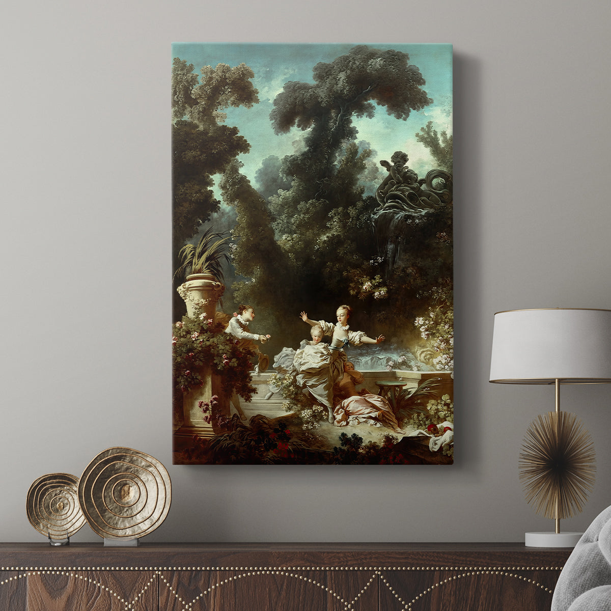 Canvas art print featuring a Romantic chase scene with flowing garments and greenery displayed in a modern interior space.