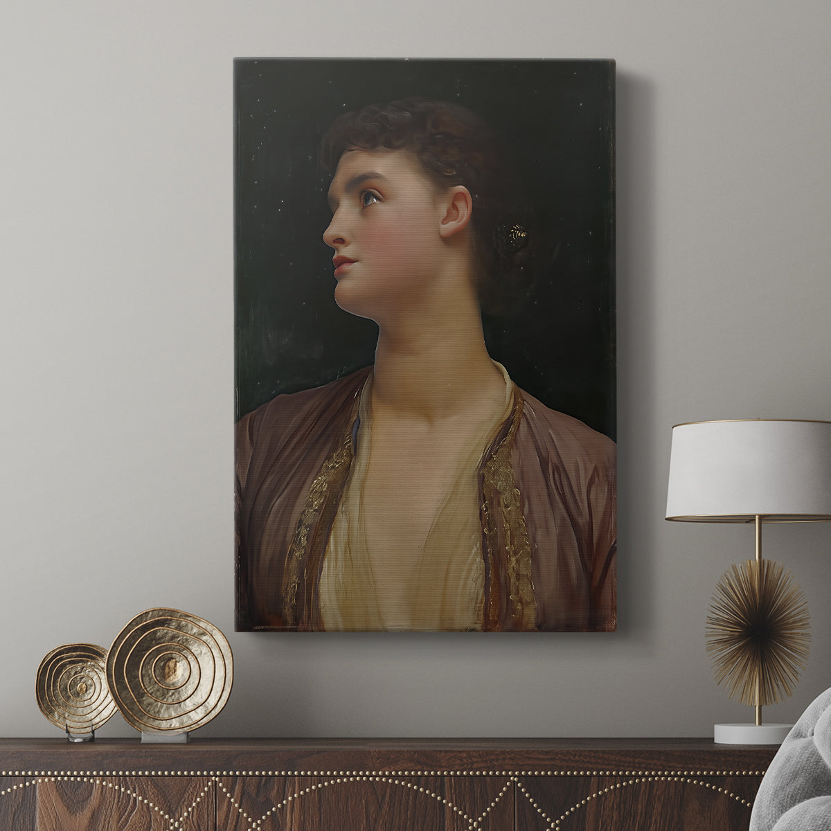 Canvas art print featuring a gentle portrait with minimal background and calm mood displayed in a modern interior space.