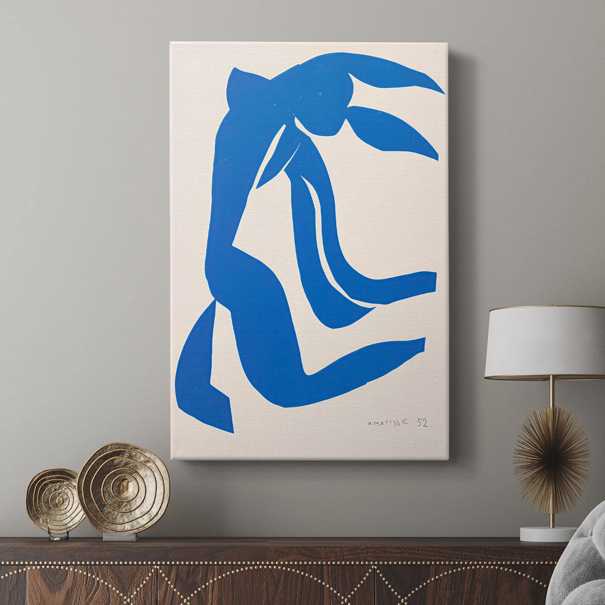 Canvas art print featuring a modern collage-like image with fluid organic forms displayed in a modern interior space.