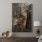 Canvas art print featuring a heroic myth scene with figures crafting an object amid sparks and fire displayed in a modern interior space.