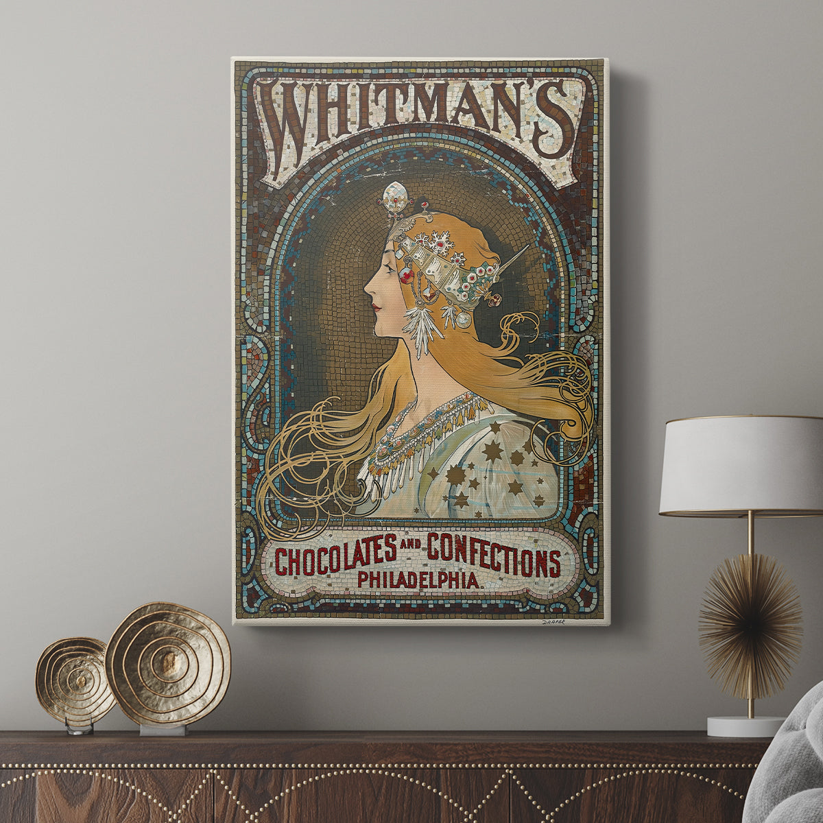 Canvas art print featuring a decorative poster with elegant lines and soft color palette displayed in a modern interior space.