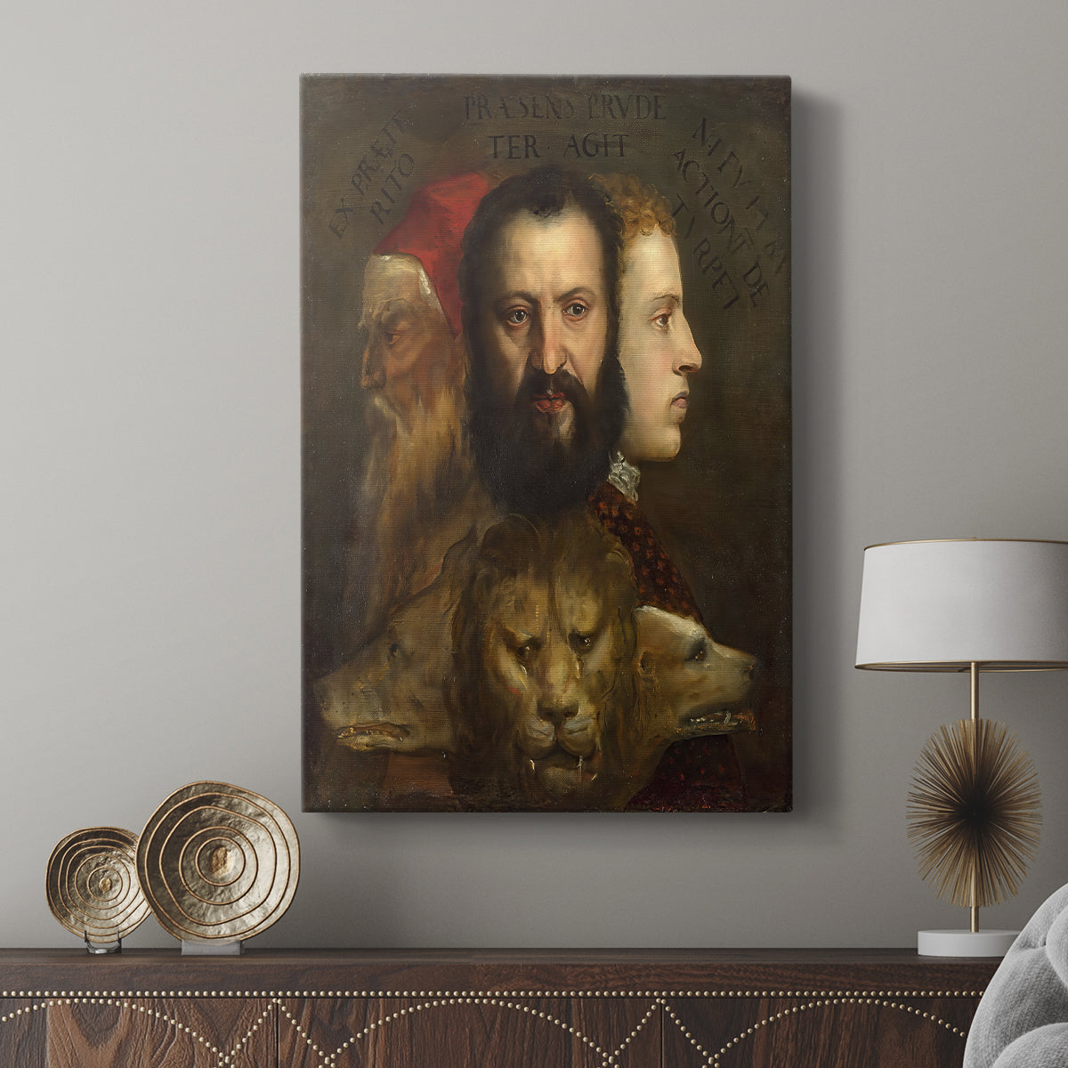 Canvas art print featuring a symbolic image with detailed faces and dark background displayed in a modern interior space.