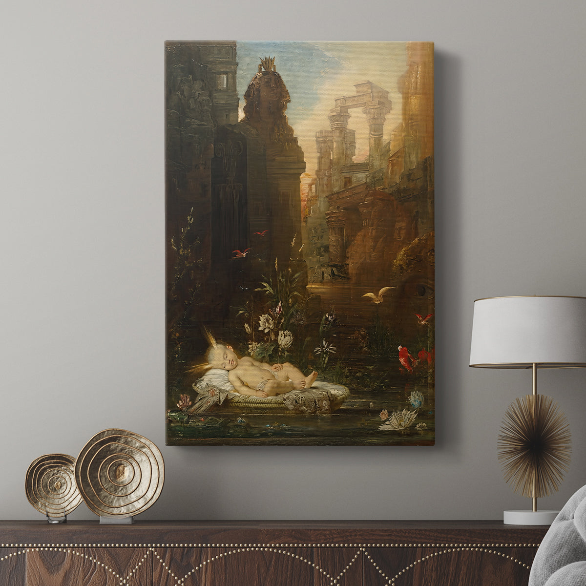 Canvas art print featuring a narrative scene with a child and surrounding forms displayed in a modern interior space.