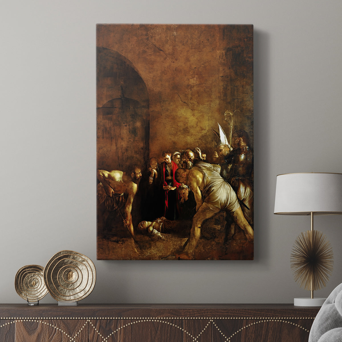 Canvas art print featuring a religious scene with earthy tones and subdued lighting displayed in a modern interior space.