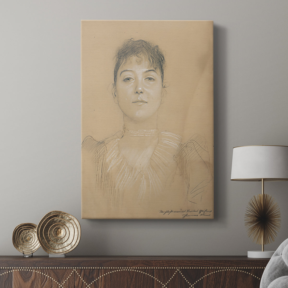Canvas art print featuring a subtle portrait with smooth lines and calm expression displayed in a modern interior space.