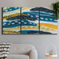 Three-panel canvas wall art featuring feather inspired abstract linear motion, displayed in a modern living room above a sofa.
