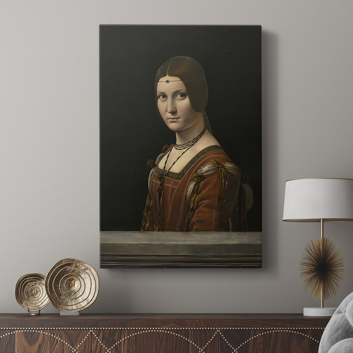 Canvas art print featuring a composed portrait with subtle shading and calm expression displayed in a modern interior space.