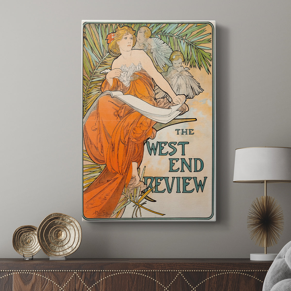 Canvas art print featuring a decorative poster with flowing lines and elegant composition displayed in a modern interior space.