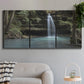 Three-panel canvas wall art featuring waterfall cascading through forest, displayed in a modern living room above a sofa.