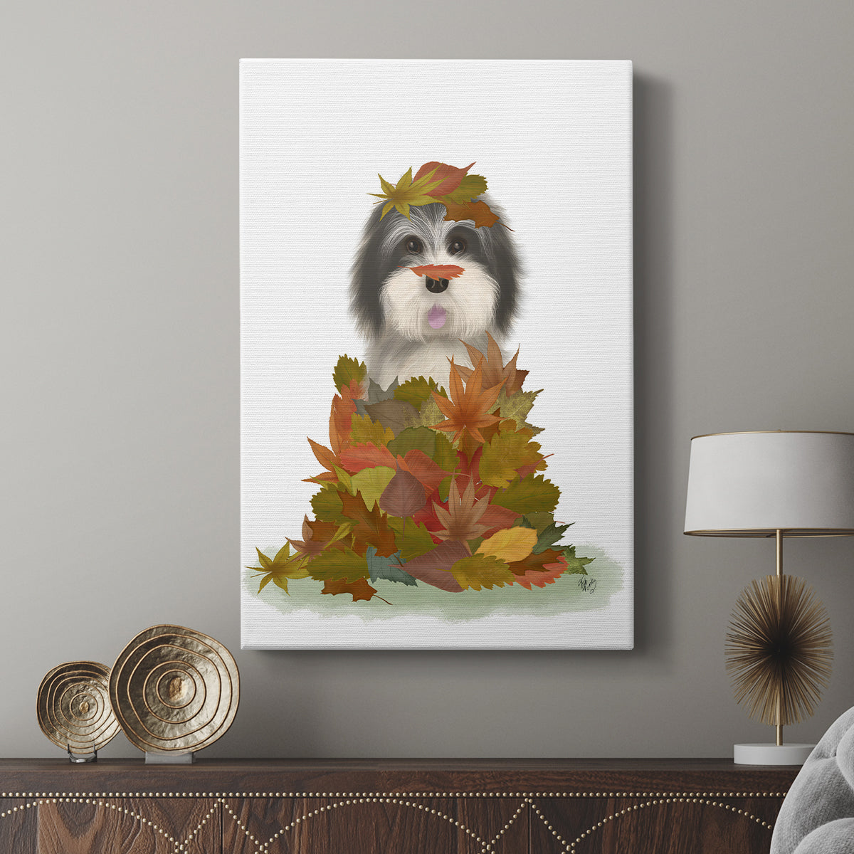 Landed in Autumn, Black and White Dog - Canvas Art Print