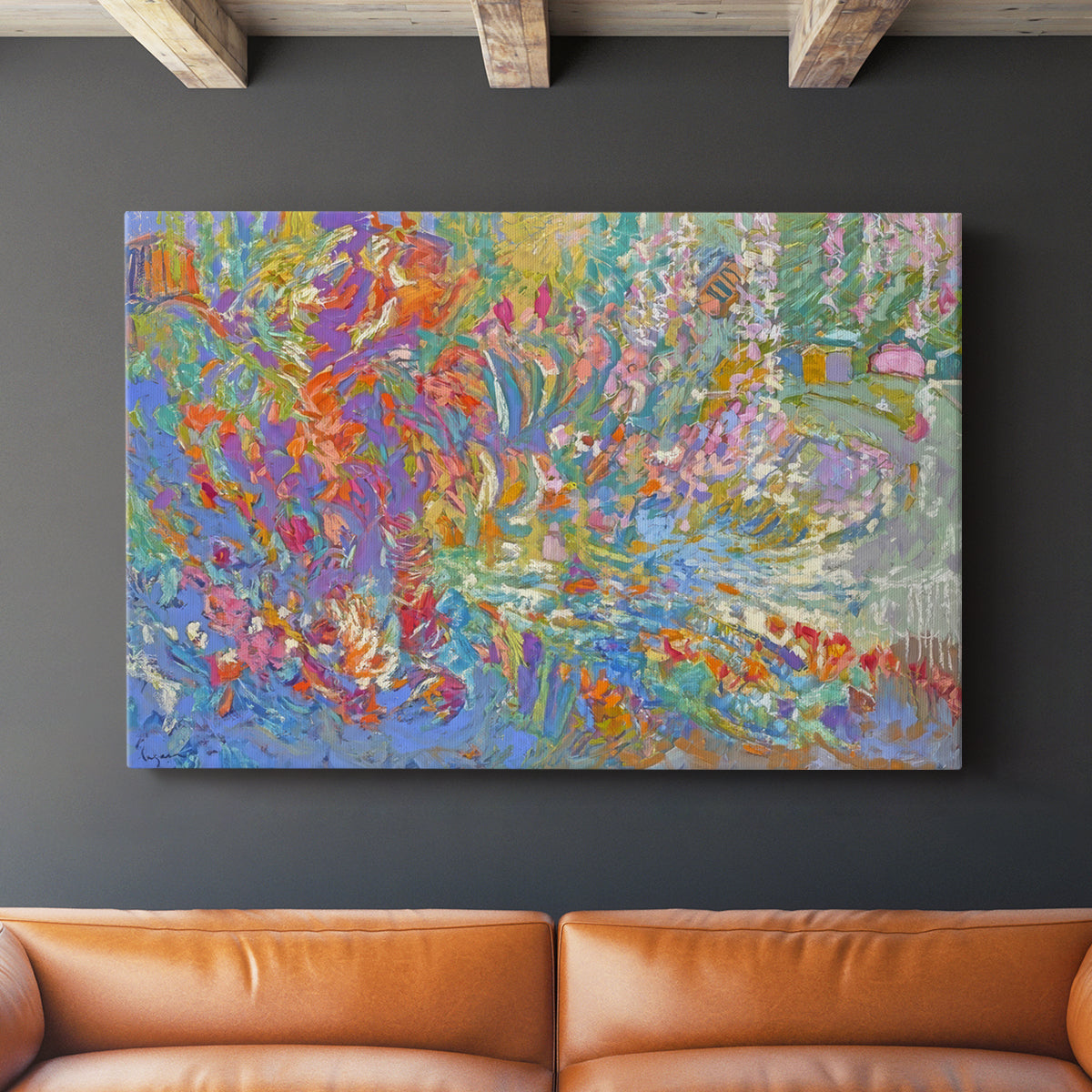 Vibrant display of colors depicting a lush garden blooming with flowers in an abstract style reflecting serenity and joy