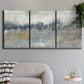 Three-panel canvas wall art featuring soft grey abstract horizon, displayed in a modern living room above a sofa.