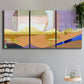 Three-panel canvas wall art featuring mid century geometric pink abstraction, displayed in a modern living room above a sofa.